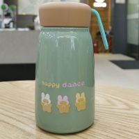 创意保温杯女学生304不锈钢简约手提喝水杯子可爱韩版真空杯子 绿兔 380ML