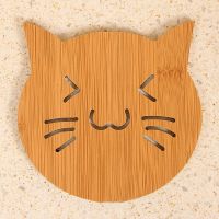 餐桌盘子隔热垫子锅垫餐桌上的防烫家用放菜垫锅底的竹垫碗垫饭桌 木质猫咪14.5cm(8个装)