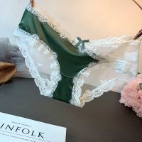 绸缎拼接蕾丝边网纱透明性感内裤 女 舒适无痕三角裤头中低腰新品 绿色 M 2068(80-110)斤