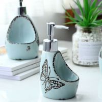 简约陶瓷乳液瓶创意两用洗洁精分装瓶洗手液瓶子带海绵座沐浴瓶 中号蓝色