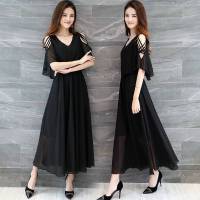 洋气大码连衣裙女2021新款200斤胖MM夏装雪纺遮肚显瘦性感大摆裙 黑色中长款 膝盖左右 M
