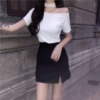 2021新款套装成熟时尚潮气质夏天季半身裙性感一字肩衣服女两件套 白色上衣+黑色裙子 S (80斤-95斤)