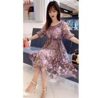 高端重工刺绣雪纺长裙女2021新款夏季抽绳大码显瘦气质减龄连衣裙 紫色 M