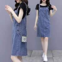 牛仔背带裙女夏装2021夏季新款韩版宽松显瘦减龄中长款背带连衣裙 蓝色 S 建议100斤以内