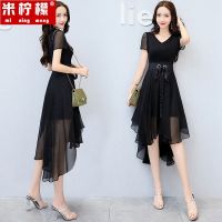 夏季修身雪纺连衣裙2021夏装新款女装韩版显瘦中长款小香风裙子女 黑色 优质好面料送腰带 M 90-105斤