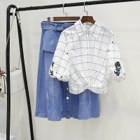 2021夏季新款女装韩版宽松休闲牛仔裙印花格子衬衫两件套套装裙女 7345格子衬衫 M 建议80-100斤