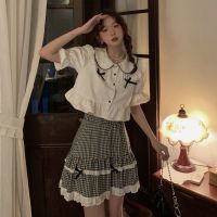 单/大码女装200斤胖妹妹套装夏季新款娃娃领衬衫显瘦格子裙两件套 衬衫 单件 2XL (建议140-160斤)