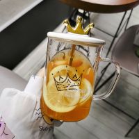 皇冠玻璃杯女士水杯子便携泡茶杯可爱果汁杯玻璃创意随手杯花茶杯 玻璃杯-白盖皇冠【带盖勺】