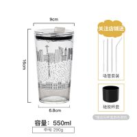 耐高温玻璃吸管杯大容量奶茶杯密封随手杯防漏咖啡杯办公室茶水杯 550ml吸管杯-都市夜景