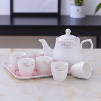 茶壶陶瓷家用 大容量过滤泡茶壶耐热凉水壶单壶套装茶杯茶具 铂金英文1升壶+6小杯+托盘