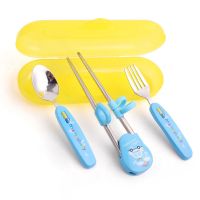 蔓葆儿童餐具不锈钢叉子勺子筷子三件套装小孩筷子宝宝学习训练筷 蔓葆 叉勺筷套装蓝色(送防尘盒)