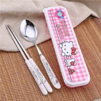 可爱hello kitty机器猫奶牛不锈钢便携筷子勺子盒装餐具套装 红盒2件装[勺-筷子]