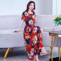 中老年女装棉绸连衣裙女夏装新款修身显瘦气质妈妈装印花过膝长裙 1号色 XL 建议90-110斤