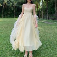 三亚沙滩裙爱丽丝梦游仙境新款超仙女白色长裙大裙摆吊带连衣裙夏 杏色裙子 S