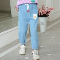 2021新款童装儿童防蚊裤夏季薄款男童裤子女童外穿宝宝牛仔九分裤 浅蓝菊花 120
