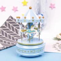 旋转木马音乐盒梦幻八音盒七彩投影发光女生女孩生日礼物装饰摆件 蓝色旋转木马-小号