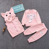 男童1-2-3-4岁三件套女童装春秋款三件套装婴儿小孩衣服宝宝秋装 粉色大象 73 码3-7个月