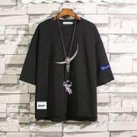 男士宽松五分短袖t恤韩版潮流夏季七分袖男生衣服体恤夏大码男装 宇航员黑色七分袖2袖口标 M
