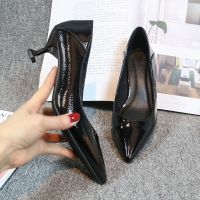尖头高跟鞋女细跟性感时尚上班工作鞋女漆皮女鞋职业新款面试猫跟 黑色 5厘米跟 33标准尺码