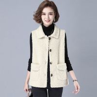 加厚中年妈妈女仿羊羔绒马甲大码背心2021秋冬装新款洋气坎肩外套 米白色精品马甲 L 建议80-90斤