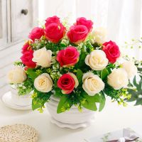 假花艺装饰绢花干花套装摆设摆设仿真花束假花套装 客厅饰品摆件 荷花盆幸运玫/紫色