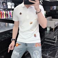 夏季男短袖POLO衫男潮牌修身小蜜蜂皇冠刺绣欧货大码男士翻领T恤 白色 XL [建议140-160斤]