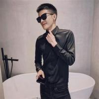 社会小伙长袖衬衫男秋季韩版潮牌刺绣发型师修身精神帅气精神衬衣 纯黑衬衫 S 精工版