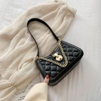 ins包包女高级感洋气菱格腋肩包2021夏季新款手提链条休闲包 黑色