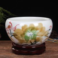 景德镇陶瓷鱼缸大号青花养金鱼缸睡碗莲盆荷花缸乌龟缸盆客厅摆件 窑变24cm[赠底座]