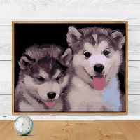 diy数字油画动物猫狗涂色数码手工填色学生手绘儿童房装饰画30*40 5144二哈哥俩 40x50无框【只有画布+颜料画
