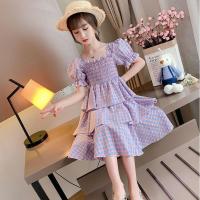女童蛋糕裙连衣裙2021新款夏装洋气中大儿童格子裙小女孩公主裙子 紫兰色 格子裙 110