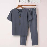 中老年棉麻套装男短袖中年爸爸夏装套装宽松父亲男装爷爷夏季衣服 31灰蓝色 M [建议100斤以内]