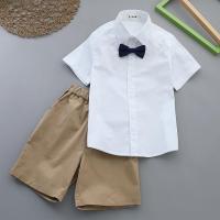 男童短袖衬衫套装校园款儿童白色衬衣小学生演出服幼儿园园服校服 尖領短袖 +卡其中裤+藏青结 100