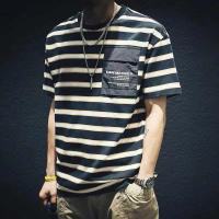 夏季条纹短袖t恤男宽松潮牌ins大码半袖胖子男生潮流上衣体恤潮 黑色 4XL适合180-220斤
