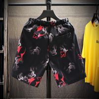 冰丝弹力短裤男夏季潮流五分裤花大裤衩子宽松休闲中裤速干沙滩裤 狼头红 无弹力 M