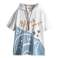 日系潮牌港风印花连帽短袖t恤男内搭打底衫韩版潮流帅气男装上衣 白色 M