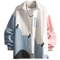 迪奥eddadior卡通熊长袖衬衫男拼色宽松新款原创日系休闲衬衣潮牌 白蓝色 M