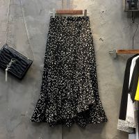 碎花雪纺半身裙2021新款夏装大码下半身百搭不规则鱼尾中长裙子女 黑色 优质有里布 M 80~95斤