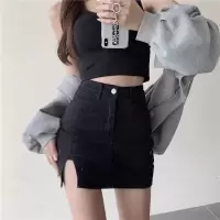 高腰白色牛仔半身裙女夏季2021新款包臀辣妹短裙开叉显瘦a字裙子 黑色 [弹力开叉短裙] XL