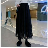 蕾丝半身裙女2021春秋新款高腰中长款显瘦仙女裙初恋裙温柔半身裙 黑色【长85cm】 均码