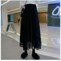 蕾丝半身裙女2021春秋新款高腰中长款显瘦仙女裙初恋裙温柔半身裙 黑色【长85cm】 均码