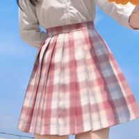 JK格子百褶裙高腰显瘦夏季大码女童胖mm学院风百搭半身a字裙短款 小椿格裙(送同款领结) S 腰围(59-63CM)