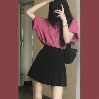 [两件套装]夏季学院风甜辣妹韩版短袖T恤女+高腰半身百褶裙短裙 短袖T恤 [绝美刺绣小熊] S 建议75-90斤