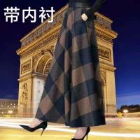 毛呢半身裙女2021新款高腰显瘦大码a字裙印花格子长裙秋冬大摆裙 有里子+卡其蓝格5322#+數碼印花 M 建议80-1
