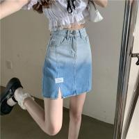 渐变开叉牛仔半身裙女夏季2021新款复古高腰显瘦辣妹a字包臀短裙 蓝色[高质量] S