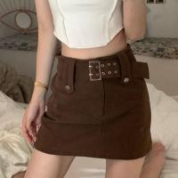 JMSHOP甜甜辣妹子两色腰带a字半身裙春夏高腰百搭显瘦牛仔短裙 咖色半裙 【原版原料】 S 80-98