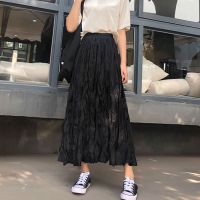 春秋中长新款半身裙2021百搭夏季a字百褶裙子女学生超仙高腰显瘦 黑色(常规款75cm) S 建议88斤以下