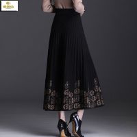 君鑫依 提花裙子半身裙女裙新款韩版高腰显瘦过膝百搭大摆裙A字裙 黑色 主黑提金咖啡 S