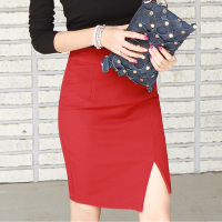 包臀半身裙开叉夏季高腰短裙弹力黑色职业工装包裙修身百搭一步裙 红色 XS(80斤左右)