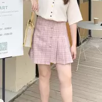大码女装2021夏装新款彩扣雪纺衬衫上衣女百褶格纹A摆半身裙套装 半身裙 L 100-120斤